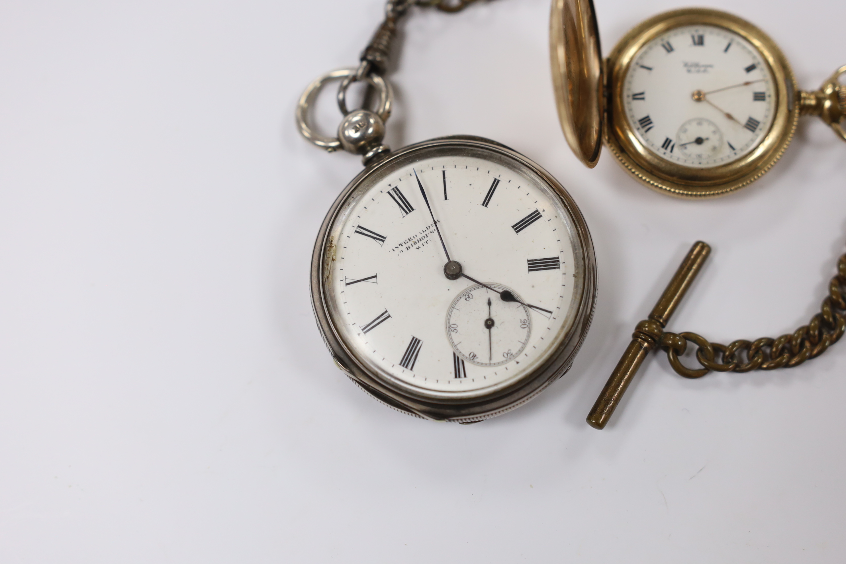 A Victorian silver open face pocket watch, with a gilt metal albert, together with a smaller gold plated Waltham hunter pocket watch.
